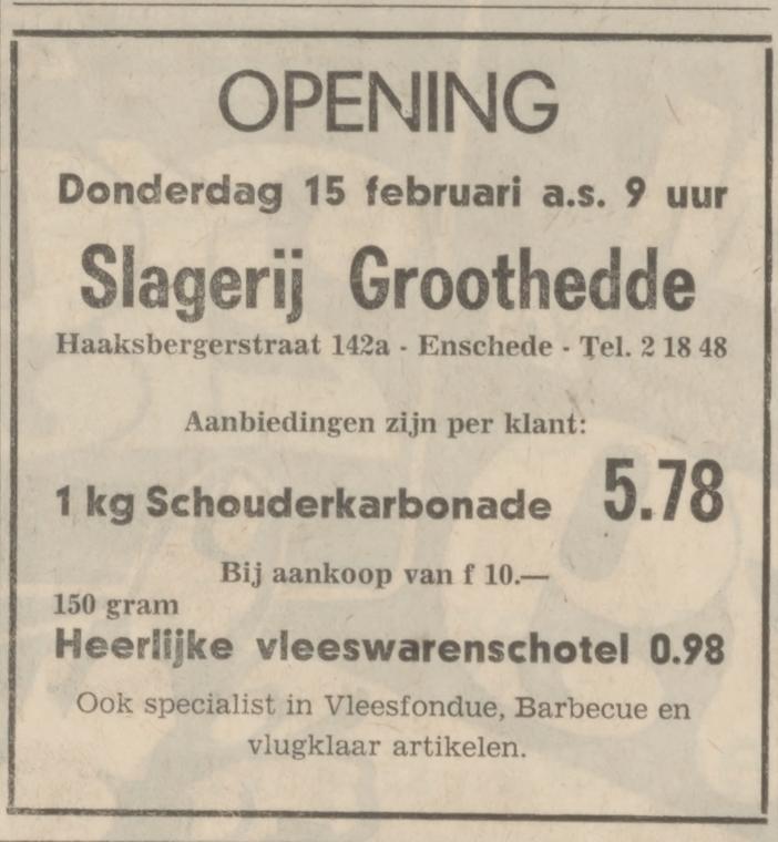 Haaksbergerstraat 142a Slagerij Groothedde advertentie Tubantia 14-2-1973.jpg