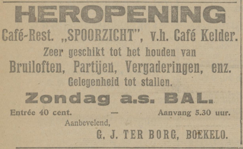 Weleweg 30 Boekelo cafe Spoorzicht voorheen Kelder eigenaar G.J. ter Borg advertnetie Tubantia 19-5-1922.jpg