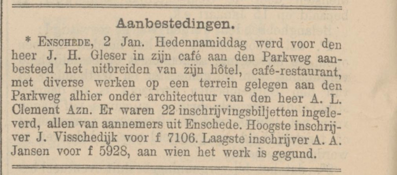 Parkweg 39 cafe J.H. Gleser krantenbericht Tubantia 5-1-1909.jpg