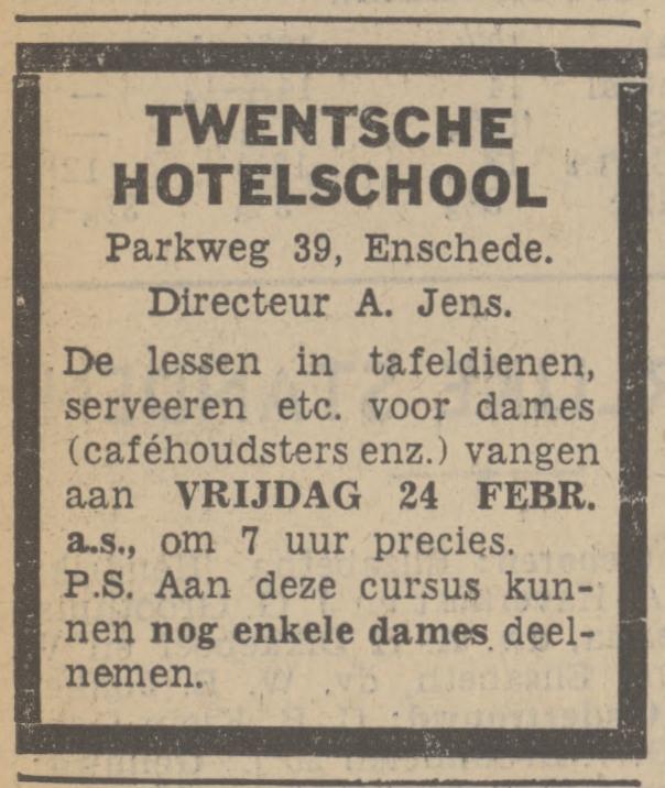 Parkweg 39 Twentsche Hotelschool directeur A. Jens advertentie Tubantia 23-2-1939.jpg