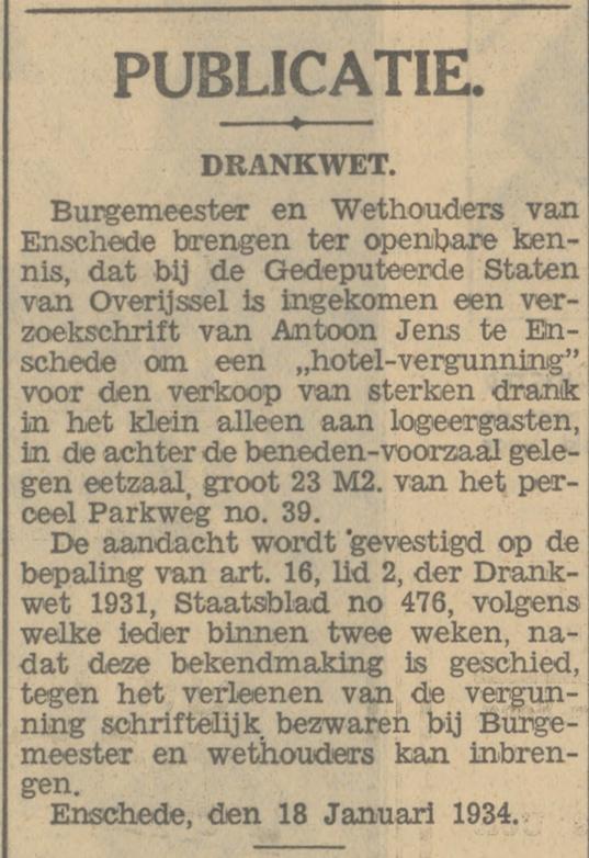 Parkweg 39 Hotel A. Jens krantenbericht Tubantia 18-1-1934.jpg