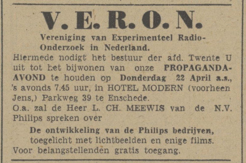 Parkweg 39 Hotel Modern (voorheen Jens) advertentie Tubantia 20-4-1948.jpg
