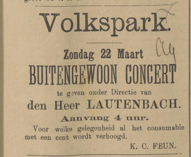 Parkweg Volkspark restaurant eigenaar K.C. Feun advertentie Tubantia 21-3-1885.jpg