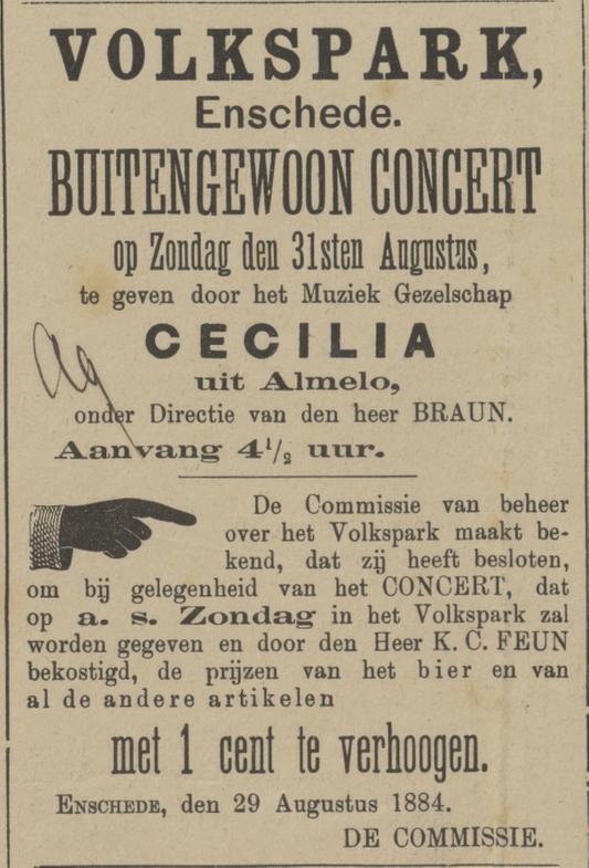 Parkweg Volkspark restaurant eigenaar K.C. Feun advertentie Tubantia 30-8-1884.jpg