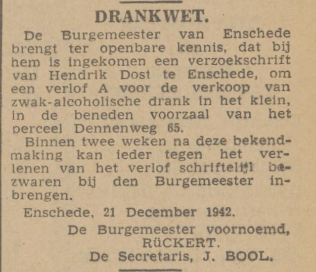 Dennenweg 65 drankwet voorzaal H. Dost krantenbericht Tubantia 21-12-1942.jpg