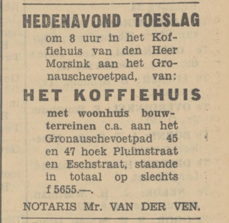 Gronausestraat 45-47 hoek Pluimstraat en Esstraat koffiehuis Morsink advertentie Tubantia 6-6-1934.jpg