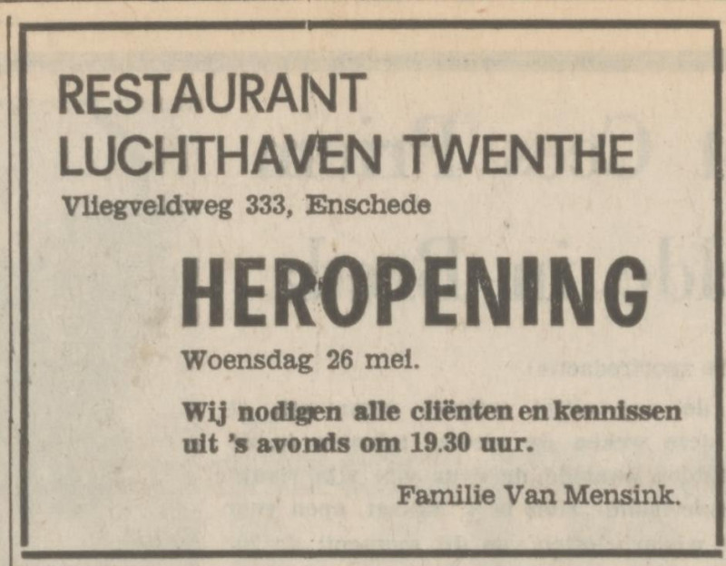 Vliegveldweg 333 restaurant luchthaven Twente advertentie Tubantia 25-5-1971.jpg