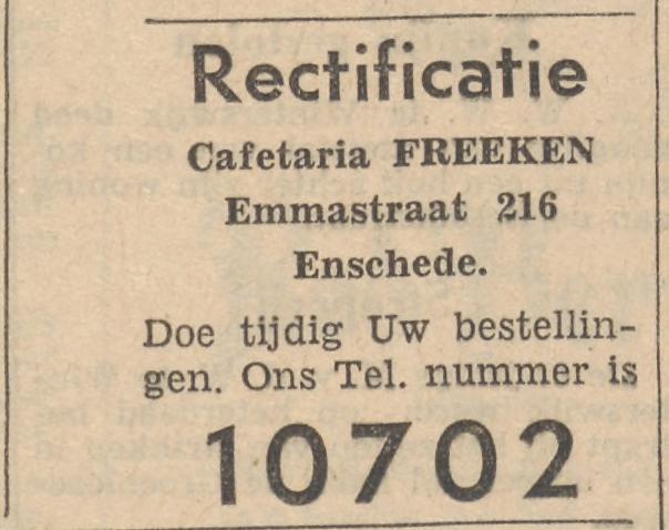 Emmastraat 216 cafetaria Freeken advertentie Tubantia 30-12-1957.jpg
