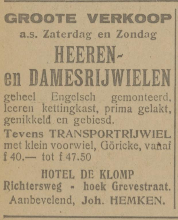 Richtersweg 106a hoek Grevestraat Hotel De Klomp Johan Hemken advertentie Tubantia 12-1-1923.jpg