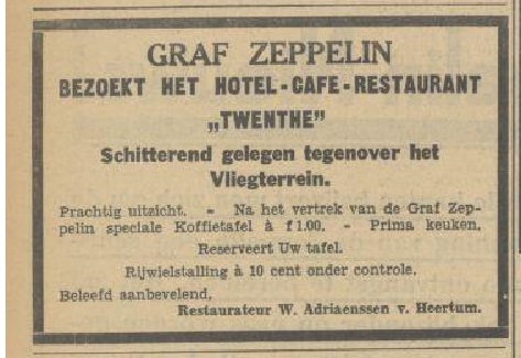 Oude Deventerweg Hotel cafe restaurant Twenthe Graf Zeppelin Advertentie. Twentsch dagblad Tubantia en Enschedesche courant. Enschede, 16-06-1932.jpg