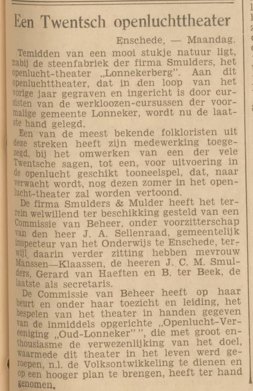 Oude Deventerweg steenfabriek Smulders openluchttheater Lonnekerberg krantenbericht 9-5-1934.jpg
