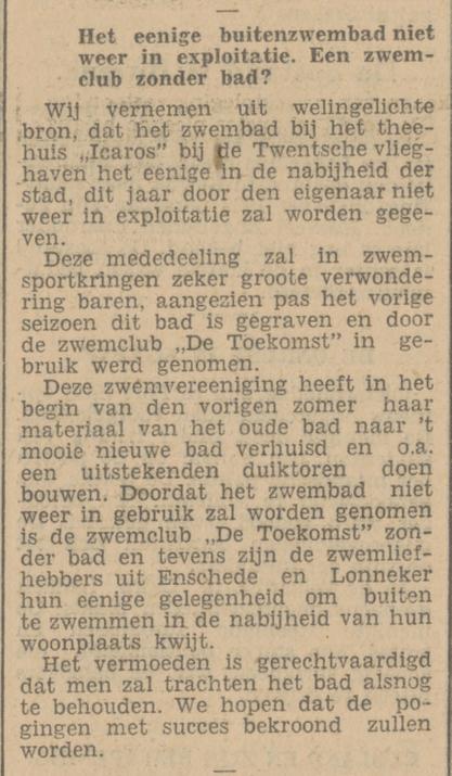 Fokkerweg vliegveld Twente theehuis en zwembad Icaros voorheen De Toekomst krantenbericht Tubantia 12-5-1931.jpg