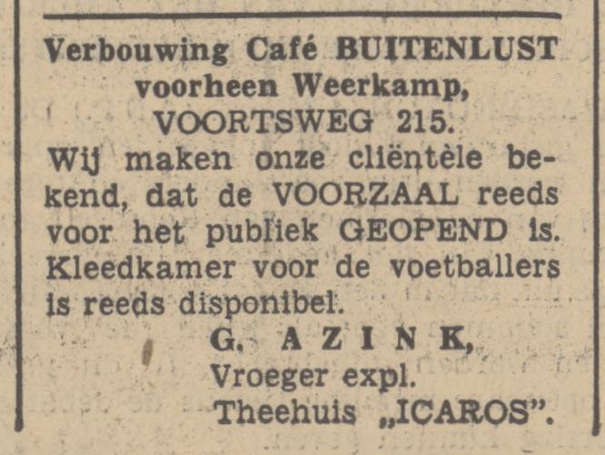 Voortsweg 215 cafe Buitenlust voorheen Weerkamp expl. G. Azink advertentie 4-3-1937.jpg