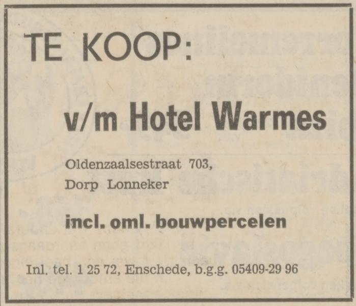 Oldenzaalsestraat 703 dorp Lonneker Hotel Warmes advertentie Tubantia 10-1-1973.jpg