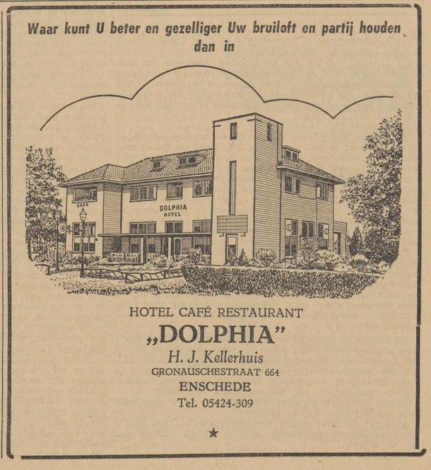 Gronausestraat 664 Hotel Cafe Restaurant Dolphia H.J. Kellerhuis advertentie Tubantia 1-4-1961.jpg