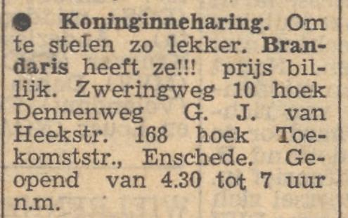 Zweringweg 10 hoek Dennenweg viskraam Brandaris advertentie Tubantia5-6-1957.jpg