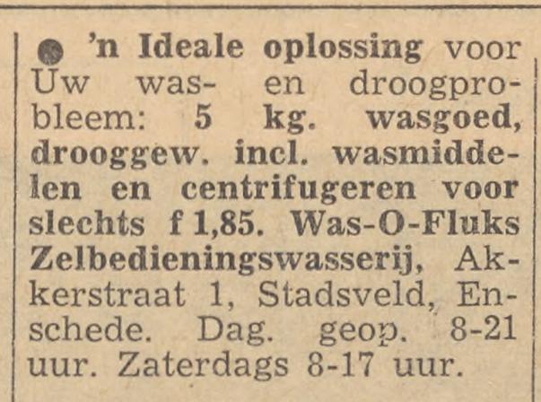 Akkerstraat 1 Was-O-Fluks Zelfbedieningswasserij  advertentie Tubantia 25-2-1963.jpg