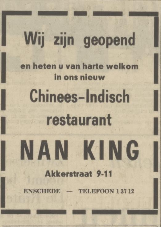 Akkerstraat 9-11 Chinees Indisch restaurant Nan King advertentie Tubantia 10-7-1971.jpg