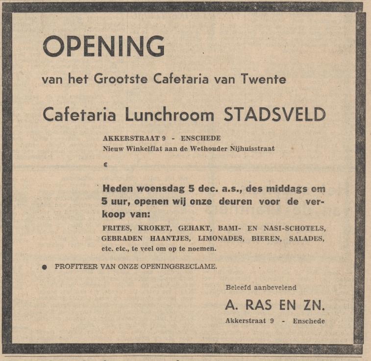 Akkerstraat 9 cafetaria lunchroom Stadsveld A. Ras en Zn advertentie Tubantia 5-12-1962.jpg