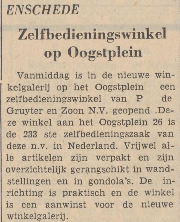 Oogsplein 26 opening zelfbedieningswinkel P. de Gruyter en Zoon krantenbericht Tubantia 14-7-1960.jpg