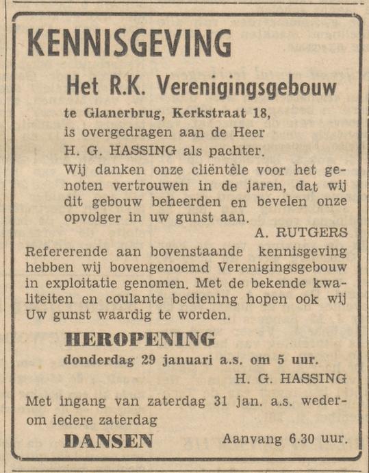 Kerkstraat 18 Glanerbrug H.G. Hassing R.K. Verenigingsgebouw advertentie Tubantia 27-1-1959.jpg
