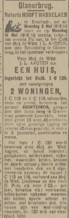 Schoolstraat 34 vroeger Schoolweg Glanerbrug cafe J.L. Aagten advertentie Tubantia 26-4-1919.jpg