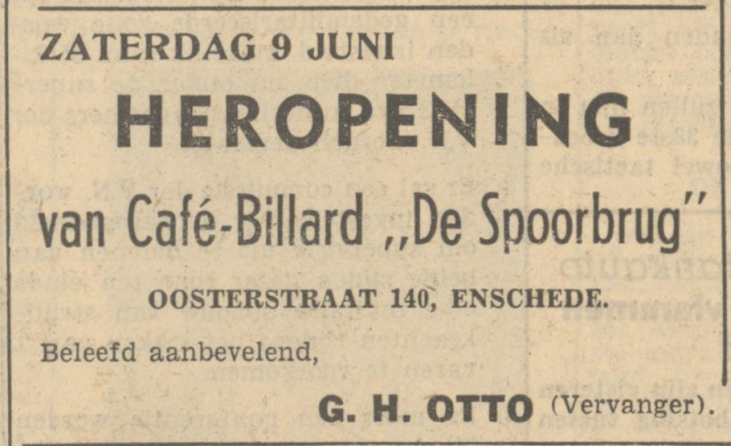 Oosterstraat 140 cafe billard De Spoorbrug G.H. Otto advertentie Tubantia 8-6-1951.jpg