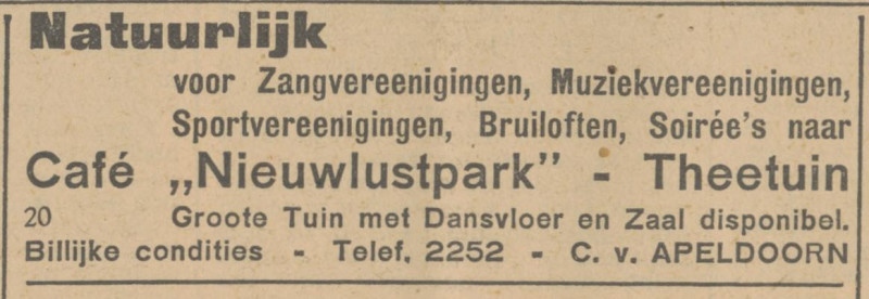 Kwartelstraat 21 Cafe Theetuin Nieuwlustpark C. van Apeldoorn advertentie Tubantia 23-7-1931.jpg