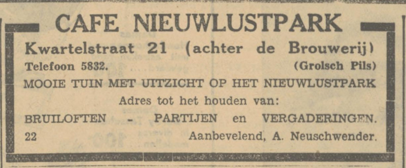 Kwartelstraat 21 achter Brouwerij Cafe Nieuwlustpark advertentie Tubantia 17-11-1933.jpg