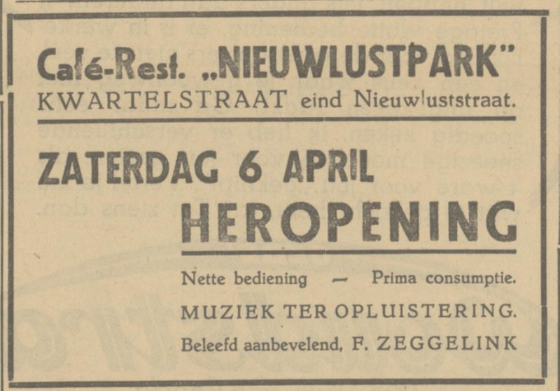Kwartelstraat 21 eind Nieuwluststraat cafe restaurant Nieuwlustpark advertentie Tubantia 5-4-1935.jpg