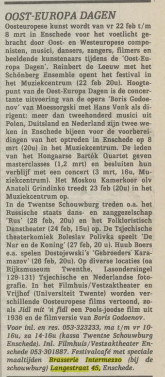 Langestraat 45 Brasserie Intermezzo bij de Twentse Schouwburg krantenbericht NRC Handelsblad 21-1-1991.jpg