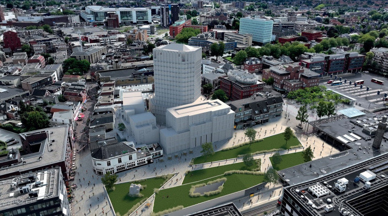 Het nieuwe Stationsplein een woontoren en veel groen. © Impressie gemeente Enschede.jpg