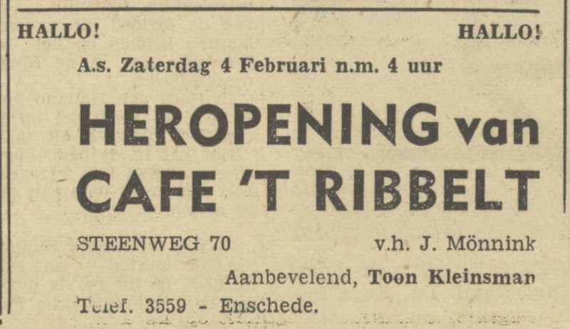 Steenweg 70 cafe 't Ribbelt Toon Kleinsman advertentie Tubantia 3-2-1950.jpg