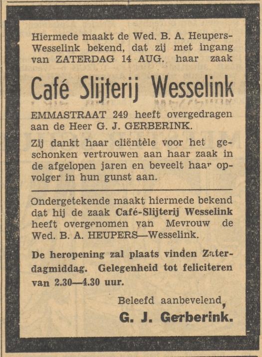 Emmastraat 249 cafe slijterij Wesselink advertentie Tubantia 12-8-1954.jpg