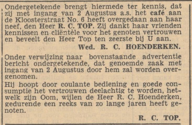 Kloosterstraat 6 cafe R.C. Top advertentie Tubantia  30-7-1947.jpg