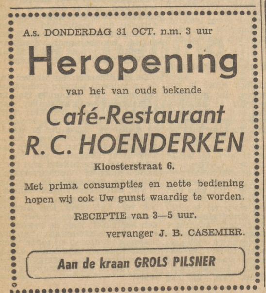 Kloosterstraat 6 cafe restaurant R.C. Hoenderken advertentie Tubantia 29-10-1957.jpg