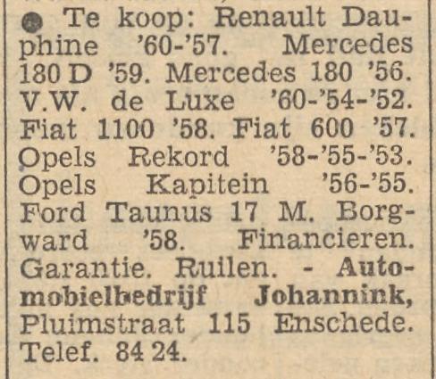 Pluimstraat 115 Automobielbedrijf Johannink advertentie Tubantia 10-3-1962.jpg