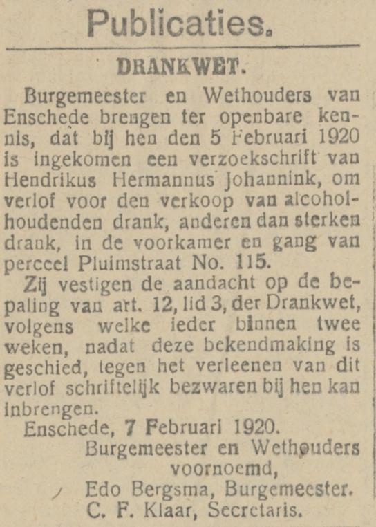 Pluimstraat 115 H.H. Johannink drankwetvergunning krantenbericht Tubantia 7-2-1920.jpg