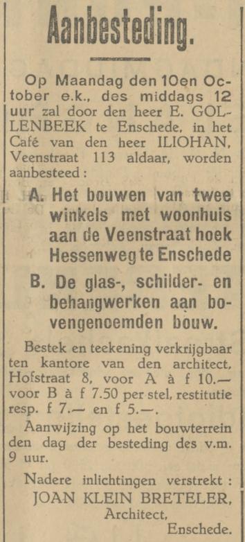 Veenstraat 113 cafe Iliohan advertentie Tubantia 1-10-1927.jpg