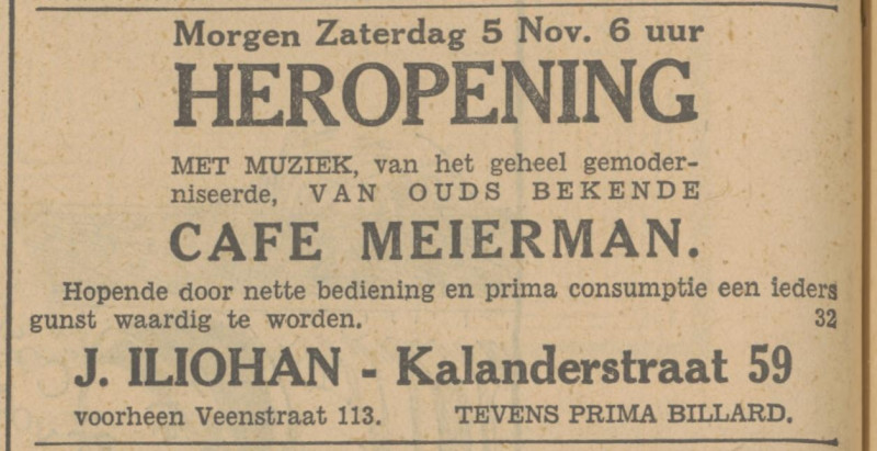 Kalanderstraat 59 cafe Meierman J. Iliohan advertentie Tubantia 4-11-1932.jpg