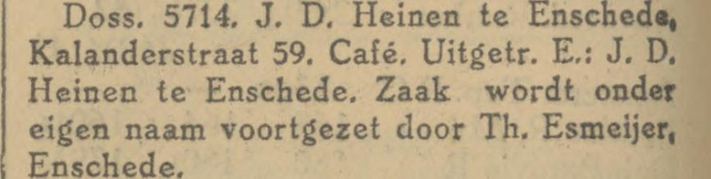 Kalanderstraat 59 cafe J.D. Heinen voortgezet door Th. Esmeijer krantenbericht Tubantia 1-10-1926.jpg