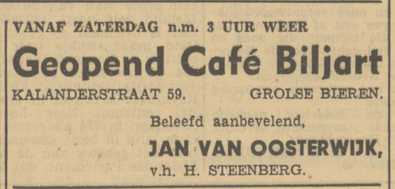 Kalanderstraat 59 cafe biljart Jan Van Oosterwijk v.h. H. Steenberg advertentie Tubantia 2-12-1949.jpg