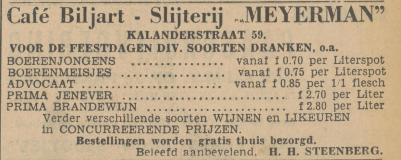 Kalanderstraat 59 cafe blljart slijterij Meyerman H.H. Steenberg advertentie Tubantia 8-4-1936.jpg