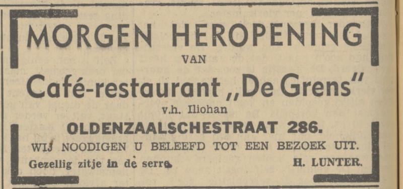 Oldenzaalsestraat 238 cafe restaurant De Grens H. Lunter voorheen Iliohan advertentie Tubantia 25-5-1938.jpg