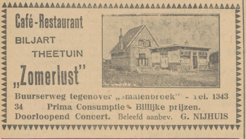 Buurserweg cafe restaurant biljart theetuin Zomerlust G. Nijhuis advertentie Tubantia 14-8-1931.jpg