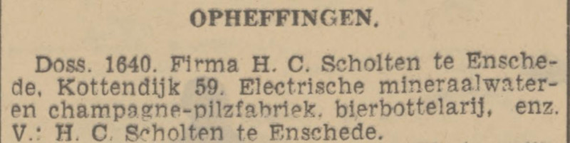 Kottendijk 59 Firma H.C. Scholten opgeheven krantenbericht Tubantia 14-2-1940.jpg