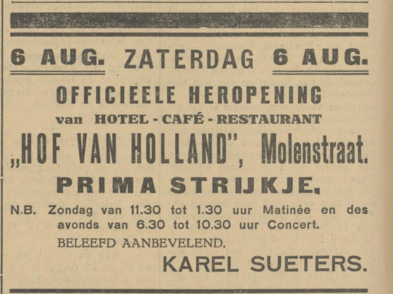 Molenstraat 69 Hotel cafe restaurant Hof van Holland Karel Sueters advertentie Tubantia 6-8-1927.jpg