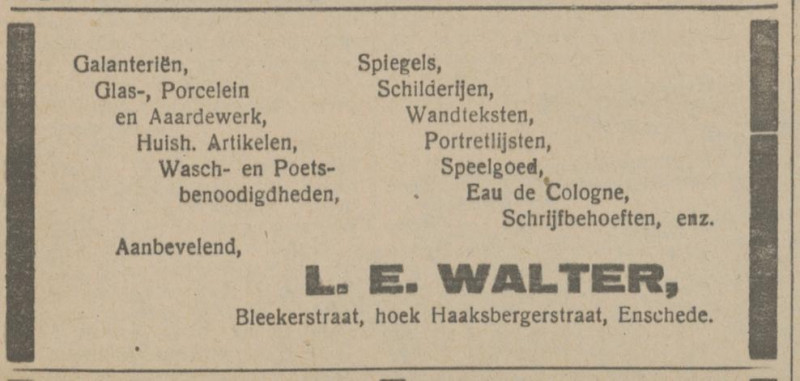 Blekerstraat 2 hoek Haaksbergerstraat L.E. Walter winkel huishoudelijke artikelen advertentie Tubantia 10-11-1917.jpg