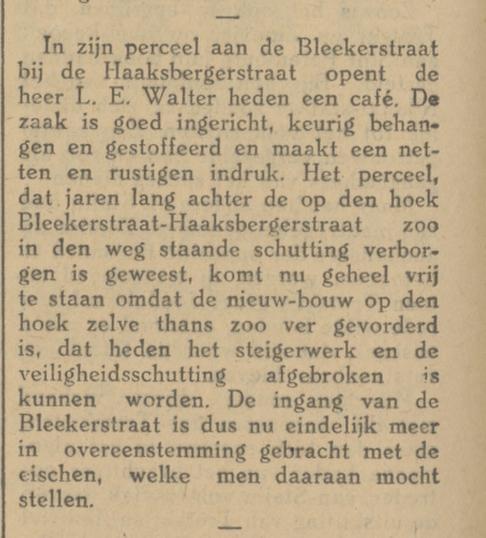 Blekerstraat 2 hoek Haaksbergerstraat opening cafe L.E. Walter krantenbericht Tubantia 29-10-1927.jpg