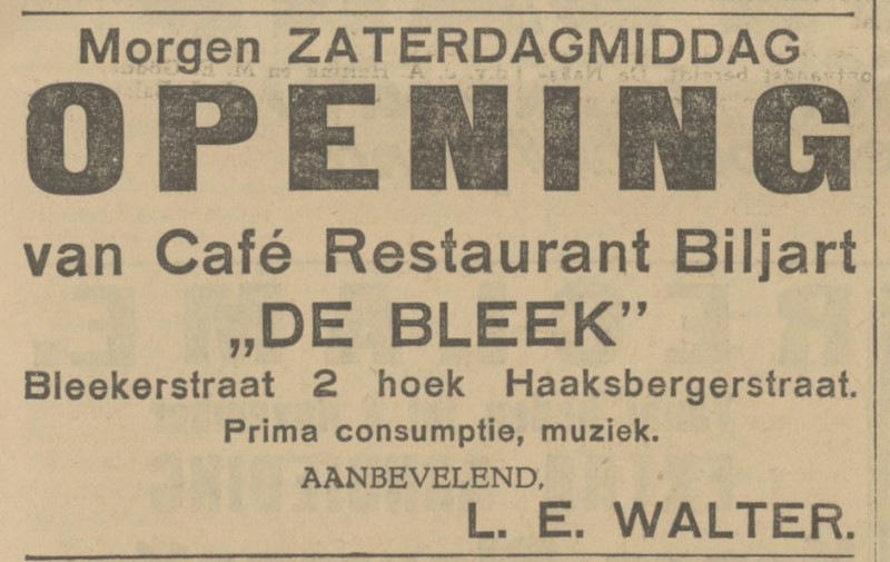 Blekerstraat 2 hoek Haaksbergerstraat cafe restaurant biljart De Bleek L.E. Walter advertentie Tubantia 28-10-1927.jpg